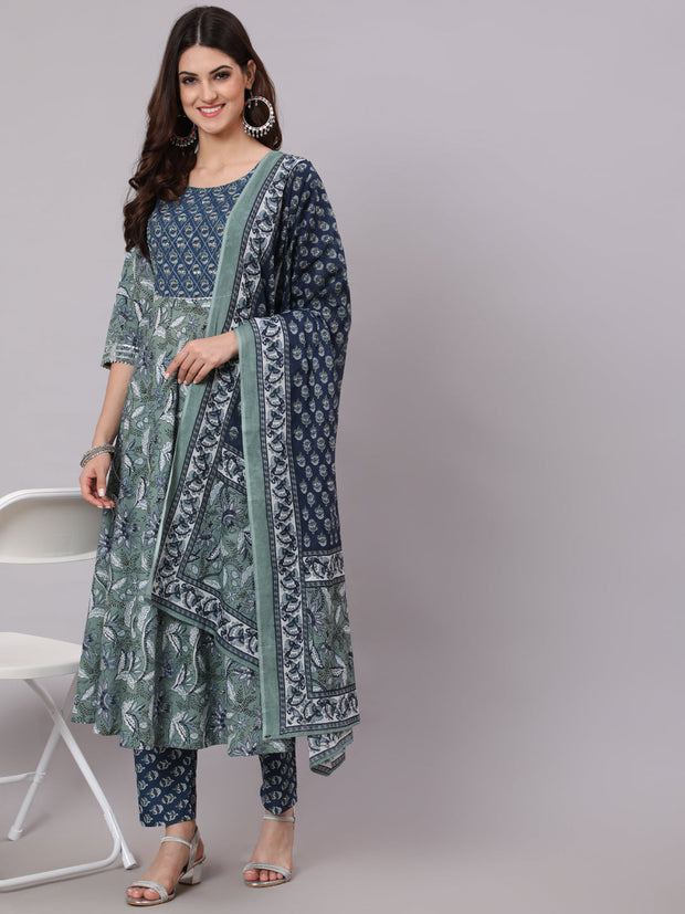 Women Green And Blue Printed Flared Kurta With Palazzo And Dupatta