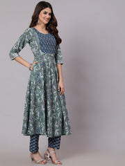 Women Green And Blue Printed Flared Kurta With Palazzo And Dupatta