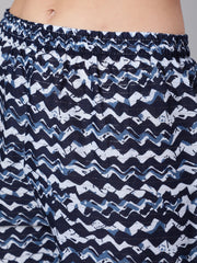 Women Navy Blue Printed Flared Kurta With Trouser And Dupatta