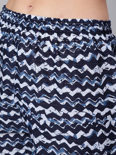 Women Navy Blue Printed Flared Kurta With Trouser And Dupatta