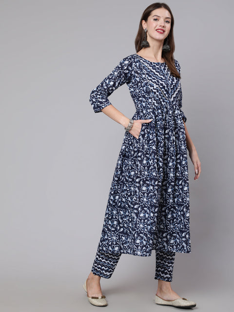 Women Navy Blue Printed Flared Kurta With Trouser And Dupatta