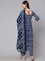 Women Navy Blue Printed Flared Kurta With Trouser And Dupatta