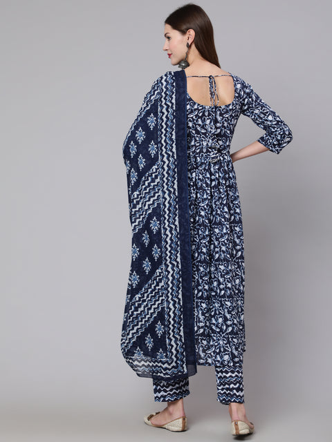 Women Navy Blue Printed Flared Kurta With Trouser And Dupatta