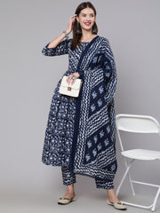 Women Navy Blue Printed Flared Kurta With Trouser And Dupatta