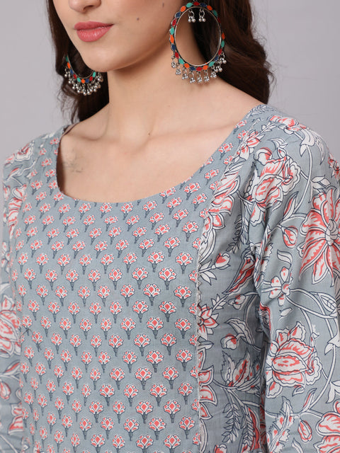 Women Grey Printed Flared Kurta With Trouser With Dupatta