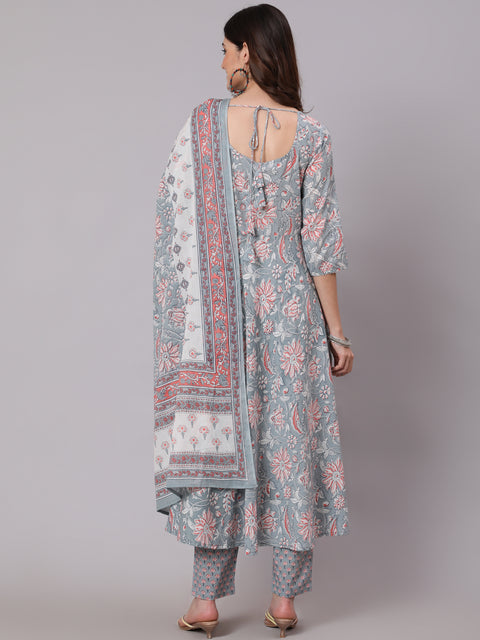 Women Grey Printed Flared Kurta With Trouser With Dupatta