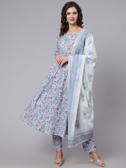 Women Grey Floral Printed Flared Kurta With Trouser And Dupatta