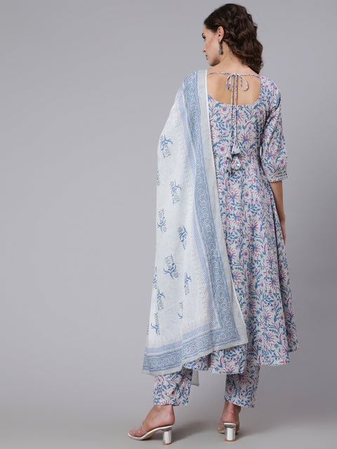 Women Grey Floral Printed Flared Kurta With Trouser And Dupatta