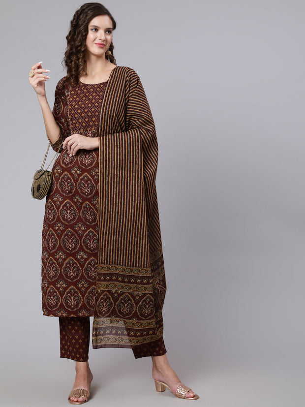 Women Brown Printed Flared Kurta With Trouser With Dupatta