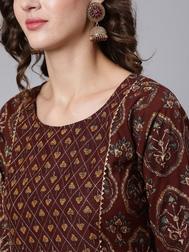 Women Brown Printed Flared Kurta With Trouser With Dupatta