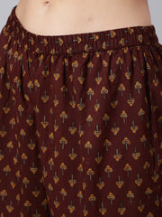 Women Brown Printed Flared Kurta With Trouser With Dupatta
