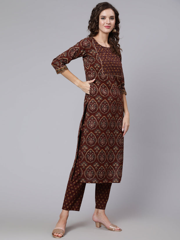 Women Brown Printed Flared Kurta With Trouser With Dupatta