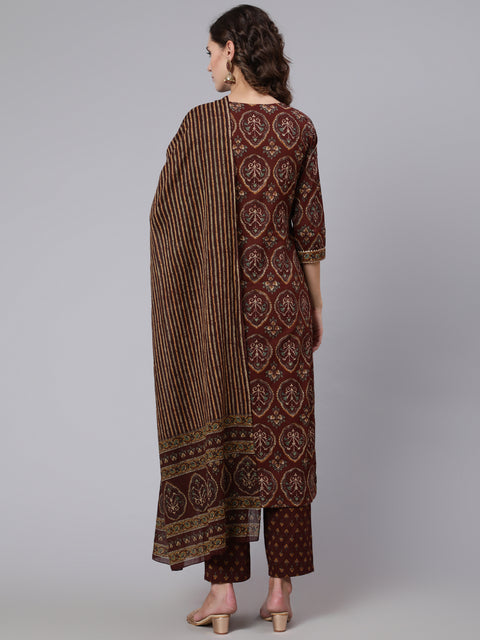 Women Brown Printed Flared Kurta With Trouser With Dupatta