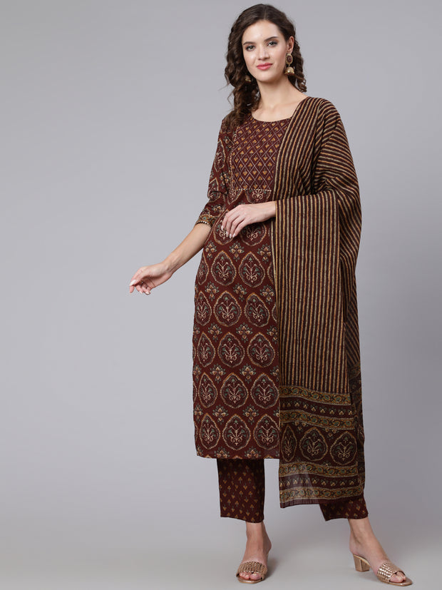 Women Brown Printed Flared Kurta With Trouser With Dupatta