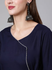Women Navy Blue Solid Flared Kurta With Trouser And Dupatta