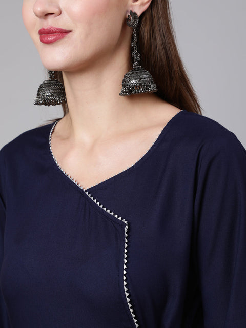 Women Navy Blue Solid Flared Kurta With Trouser And Dupatta