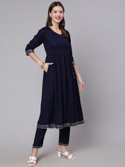 Women Navy Blue Solid Flared Kurta With Trouser And Dupatta