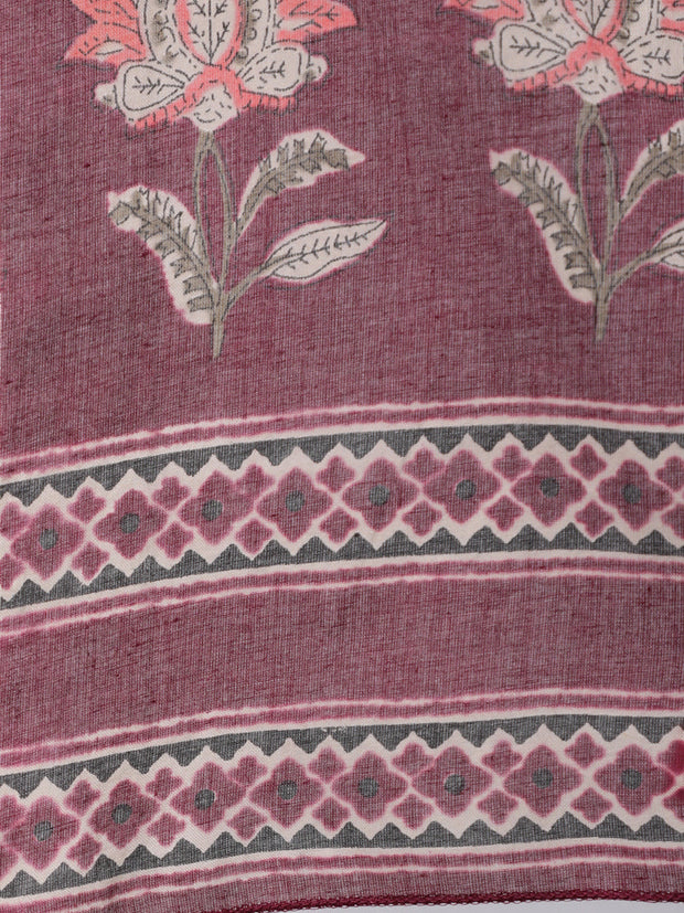 Women Burgundy Ethnic Printed Flared Kurta With Trouser And Dupatta