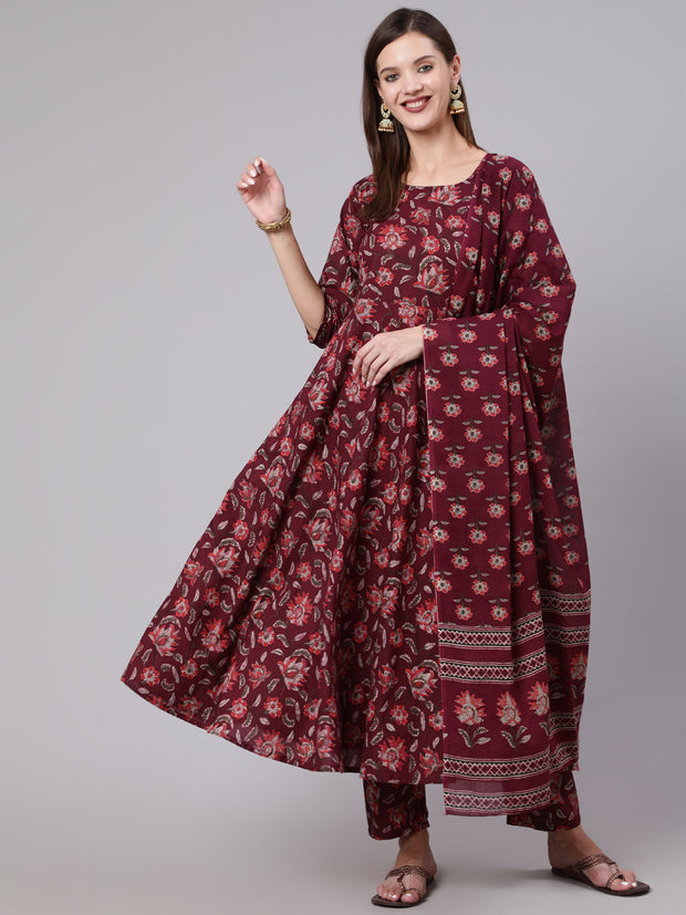 Women Burgundy Ethnic Printed Flared Kurta With Trouser And Dupatta