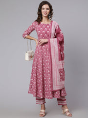 Women Pink Ethnic Printed Flared Kurta With Trouser And Dupatta