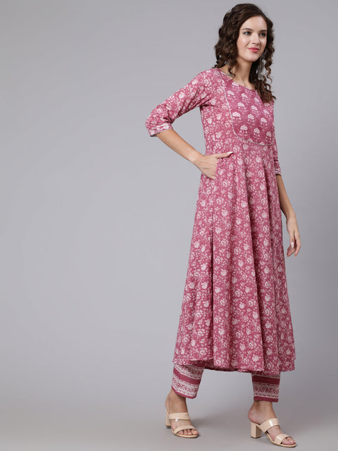 Women Pink Ethnic Printed Flared Kurta With Trouser And Dupatta