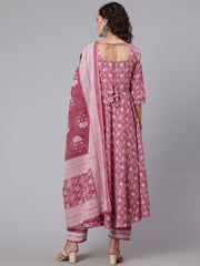 Women Pink Ethnic Printed Flared Kurta With Trouser And Dupatta