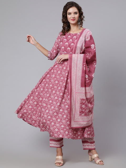 Women Pink Ethnic Printed Flared Kurta With Trouser And Dupatta