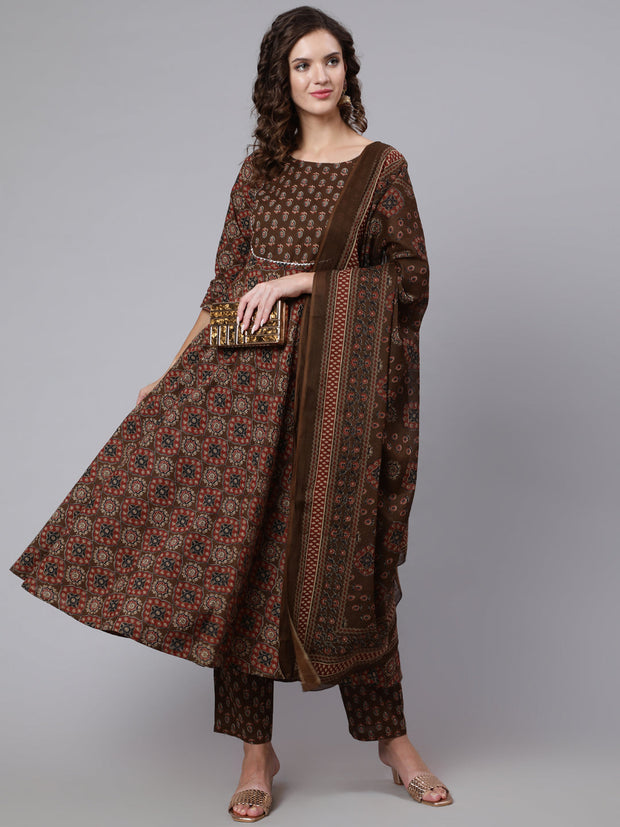 Women Brown Ethnic Motifs Yoke Design Pure Cotton Kurta with Trousers & With Dupatta