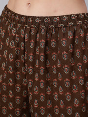 Women Brown Ethnic Motifs Yoke Design Pure Cotton Kurta with Trousers & With Dupatta