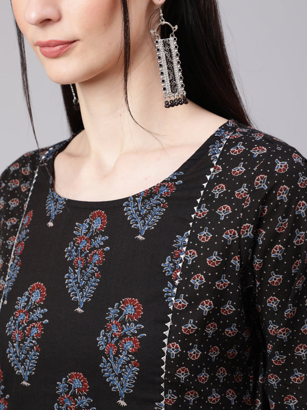 Women Black Ethnic Printed Kurta With Trouser And Dupatta