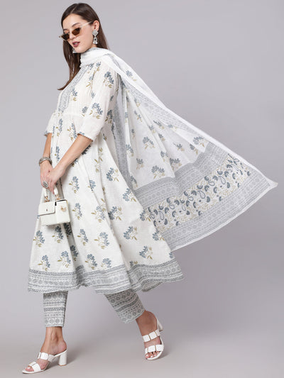 Women Grey Printed Flared Kurta With Trouser & Dupatta