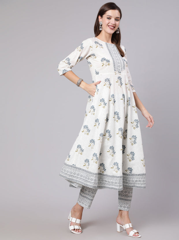 Women Grey Printed Flared Kurta With Trouser & Dupatta