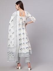 Women Grey Printed Flared Kurta With Trouser & Dupatta