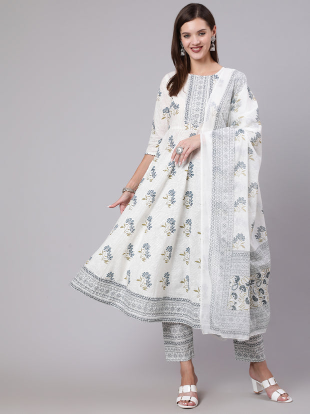 Women Grey Printed Flared Kurta With Trouser & Dupatta