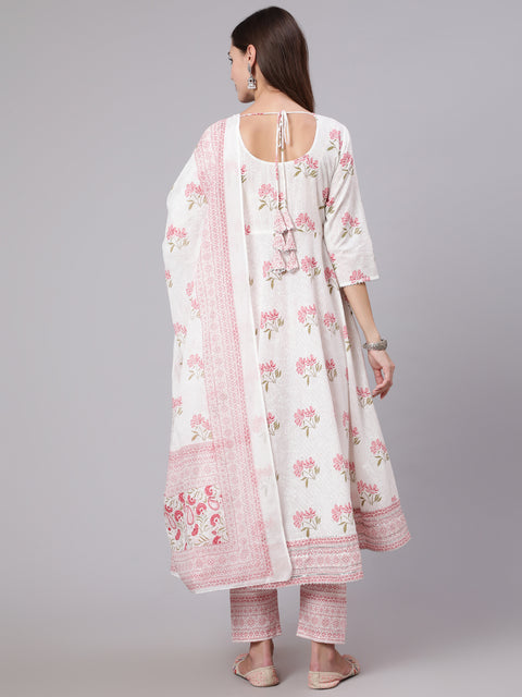 Women Pink Printed Flared Kurta With Trouser & Dupatta