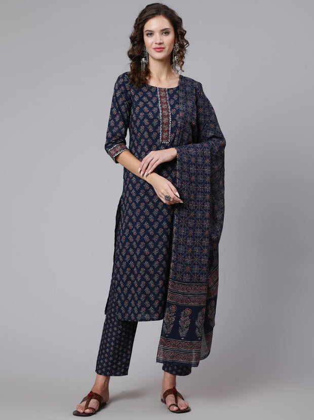 Women Blue Ethnic Printed Kurta With Trouser And Dupatta