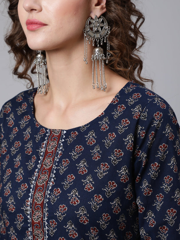 Women Blue Ethnic Printed Kurta With Trouser And Dupatta