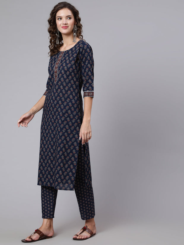 Women Blue Ethnic Printed Kurta With Trouser And Dupatta