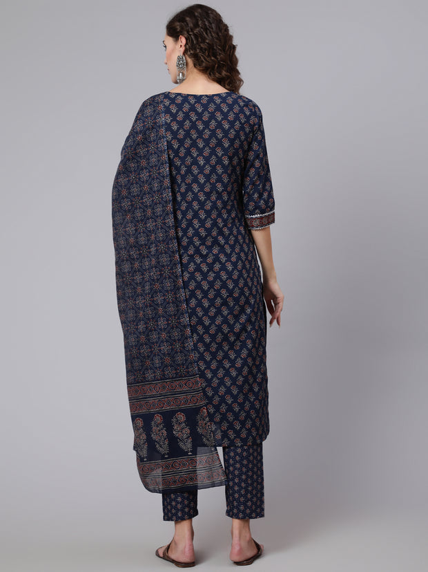 Women Blue Ethnic Printed Kurta With Trouser And Dupatta