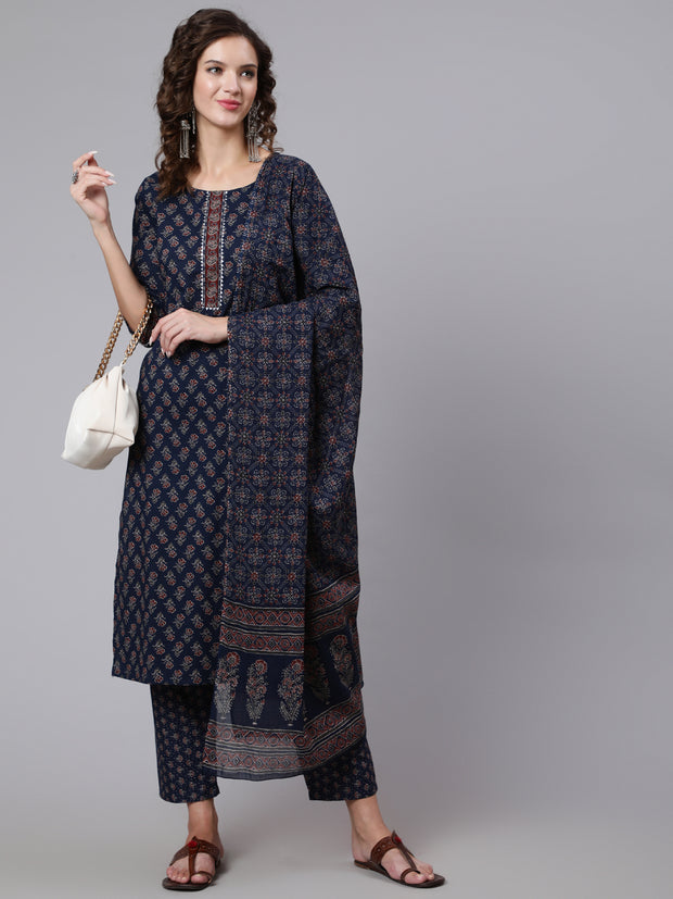 Women Blue Ethnic Printed Kurta With Trouser And Dupatta