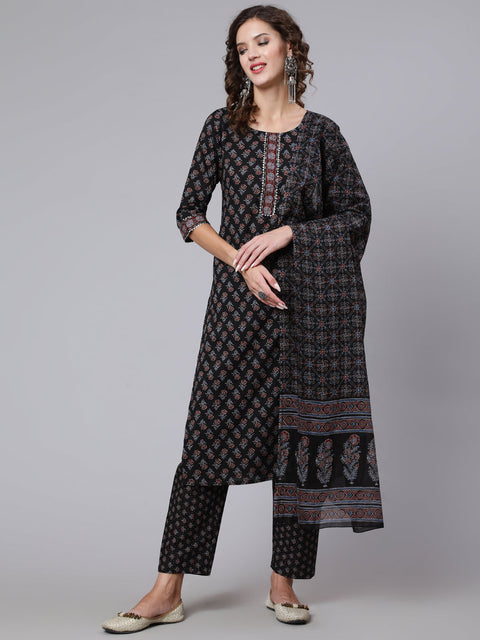Women Black Ethnic Printed Kurta With Trouser And Dupatta