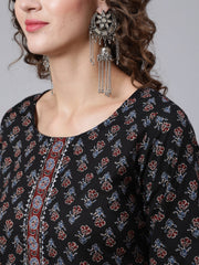 Women Black Ethnic Printed Kurta With Trouser And Dupatta