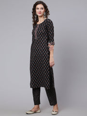 Women Black Ethnic Printed Kurta With Trouser And Dupatta