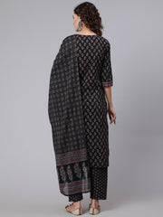 Women Black Ethnic Printed Kurta With Trouser And Dupatta