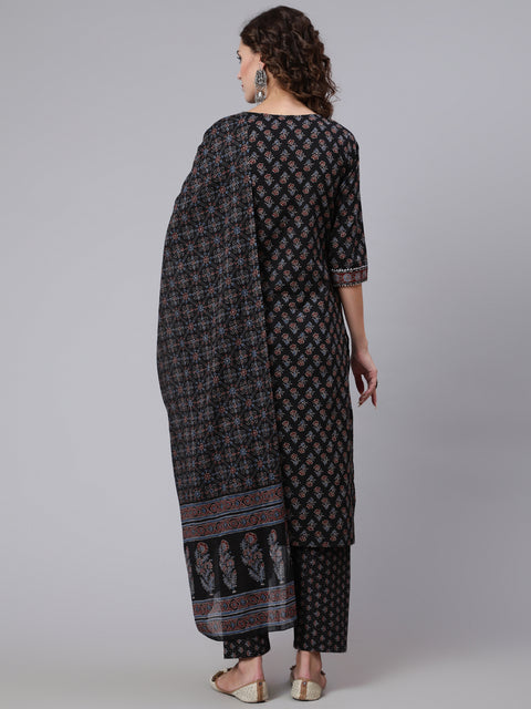 Women Black Ethnic Printed Kurta With Trouser And Dupatta