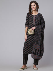 Women Black Ethnic Printed Kurta With Trouser And Dupatta