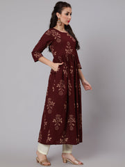 Women Brown Ethnic Printed Kurta With Palazzo And Dupatta