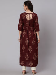 Women Brown Ethnic Printed Kurta With Palazzo And Dupatta