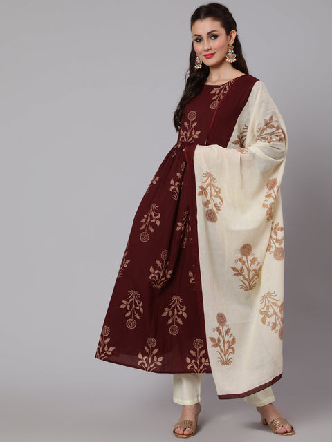 Women Brown Ethnic Printed Kurta With Palazzo And Dupatta