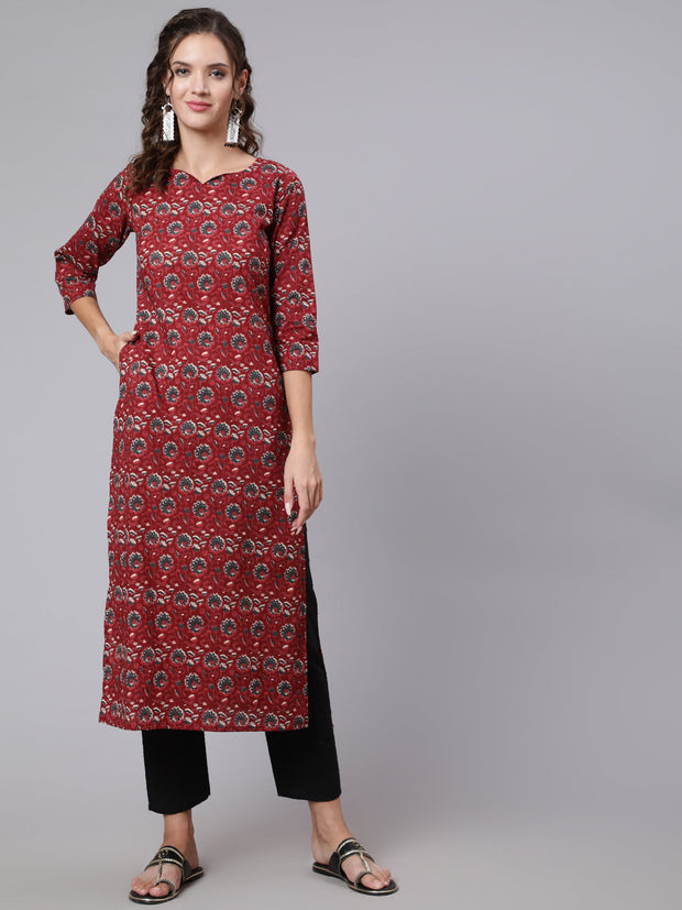 Women Maroon Ethnic Printed Straight Kurta with Three Quarter Sleeves